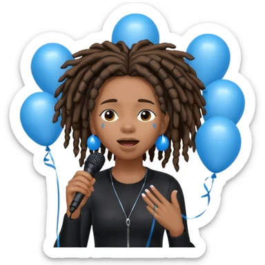 Black girl Stud with dreadlocks singing dressed in black crying 1,2,3 release em with white and blue balloons flying overhead emoji like with mic in hand  sticker