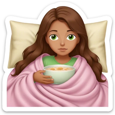 woman with very long brown hair and green eyes in a light pink blanket sleepy with porridge sticker