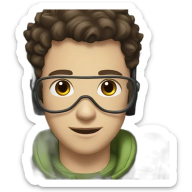 A young white man with dark brown hair and brown eyes in a pilot suit and wearing a green Pilot headset sticker