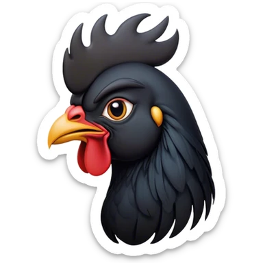 Cinematic Noble Black Rooster Portrait Emoji, Poised and regal, with a robust, commanding build and a sleek, well-groomed pure black plumage, deep-set soulful piercing eyes, Simplified yet sharp and sophisticated features, highly detailed, glowing with a soft, dignified glow, high shine, intelligent and proud, stylized with an air of mysterious majesty, focused and attentive, soft glowing outline, capturing the essence of a watchful and confident leader, so majestic it feels as though it could crow out of the screen with effortless authority! sticker
