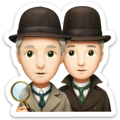 A vibrant, colorful collage featuring iconic characters like Sherlock Holmes with his magnifying glass, Miss Marple with a calm expression, and Pinkerton. The design should evoke mystery and intrigue, with elements like clues, shadows, and old-fashioned detective tools. Transparent background. sticker