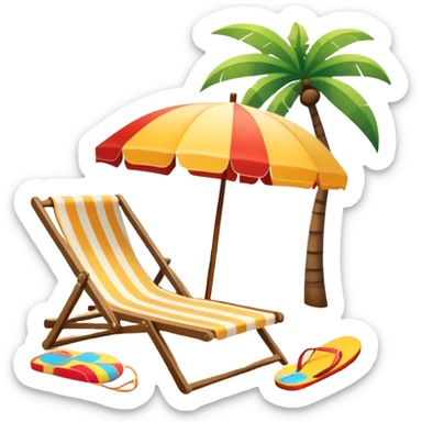 Icon for Beach Tourism: a sunny beach with the sea and waves, a lounge chair, a sun umbrella, and flip-flops on the sandy shore. The background should be a clear, vibrant ocean view with the sun shining brightly. Transparent background. sticker