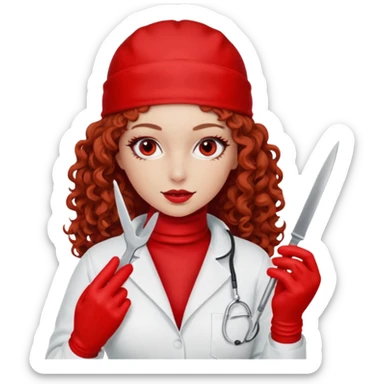 Scary woman scalpel in hand, evil surgeon sexy surgeon clothes.  She has red eyes. Her  brown long curly hair. Wears sexy doctor outfit with red gloves. make her wear red ski mask  to hide. Wears white surge9n jcketneb sticker
