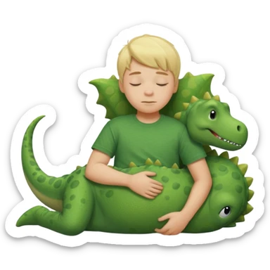 Blond boy sleeping wearing a green dinosaur t-shirt sticker