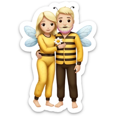 Grown up man with long dark brown long, white skin, medium beard, full body in cute bee pijama hugging a woman with blonde hair, white skin, dressed as a flower  sticker