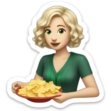 Slytherin girl with short wavy ash blonde bob hair and blue eyes eating chips and cheese sticker
