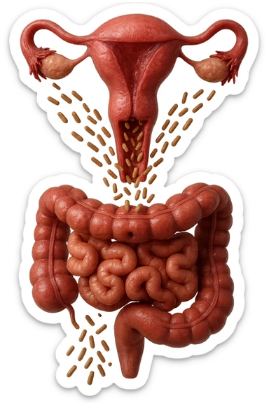 UTERO UMANO E INTESTINO ANATOMICI REALISTICI SONO UNO SOPRA ALL'ALTRO E SI PASSANO I BATTERI A VICENDA, CON BATTERI CHE ESCONO DALL'INTERNO, IPERREALISTICO 4K, NON DISEGNATO sticker