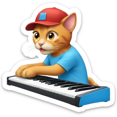 tan-red cat wearing a light-blue t-shirt and a blue base cap taps musical keyboard sticker