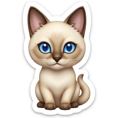 Cinematic Cute Siamese Cat Portrait Emoji, Head tilted playfully and inquisitively, sleek cream-colored fur with rich, contrasting dark points on the ears, face, paws, and tail, striking sapphire-blue eyes, Simplified yet irresistibly adorable features, highly detailed, glowing with a warm, friendly glow, high shine, affectionate and curious, stylized with a touch of whimsy, bright and endearing, soft glowing outline, capturing the essence of a mischievous yet loving kitten, so playful it feels like it could pounce out of the screen and into your arms! sticker