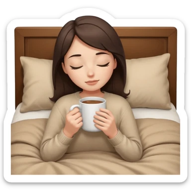 brunette girl with closed eyes lies on bed with brown bed linen in beige sweater and holds mug close sticker