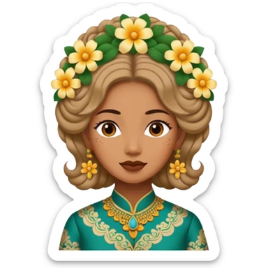 women with tan skin, wearing traditional Javanese hair with bouncy flowers, and wearing paes sticker