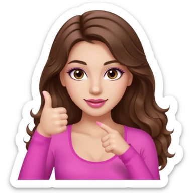 girl with long wavy brown hair, brown eyes, long lashes makeup, sexy pink lips, light to medium complexion, wearing a pink sexy top, thumbs up sticker