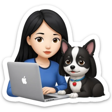 Asian girl with long black hair working on an Apple laptop, next to her is a small black and white dog with no collar on  sticker