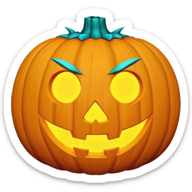 futuristic glowing jack-o-lantern emoji face, purple and cyan carved glow, dark background sticker