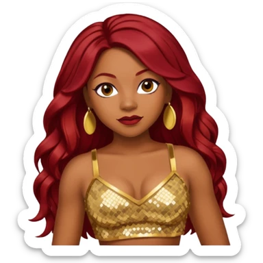 LaTavia Robeson with long dark red hair, gold sequin crop top  sticker