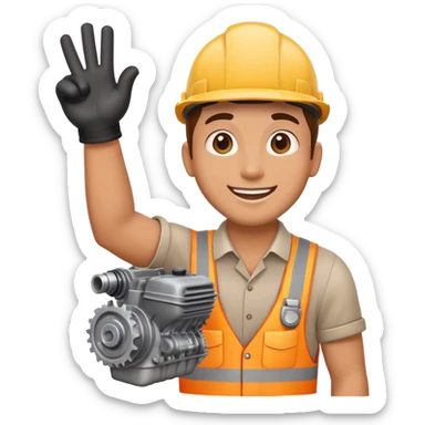 worker holding a car engine part in one arm, waving right hand, cheerful expression, emoji style sticker
