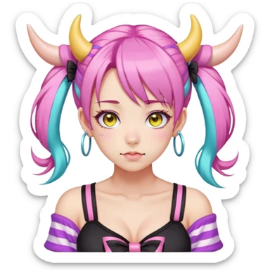 En anime-ku-jente med to rosa lange tykke fletter og cyan striper i håret, horn, og ku-ører, sort BH-topp over en gul cropped-fleece-blouse, lilla øyne, søt sløyfe på halsen  sticker