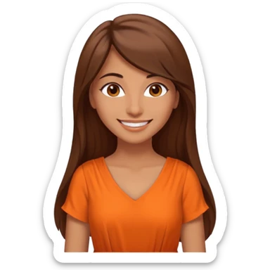 30 yr old middle eastern woman straight brown hair side bangs big smile tanned skin brown eyes orange dress long hair sticker