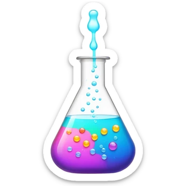 A bubbling chemistry flask filled with a glowing, colorful liquid. Tiny, unfinished emoji icons float above it, as if forming from the experiment. Soft mist rises from the flask, creating a mystical and creative atmosphere. Flat, minimalist digital illustration, empty state design, neutral background. sticker