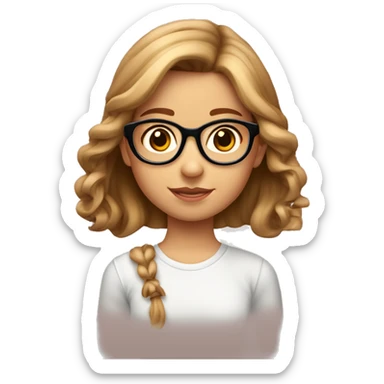 Niña de 13 años, piel blanca, ojos cafes, cabello castaño claro y rubio, lentes rosados, pelo riza sticker