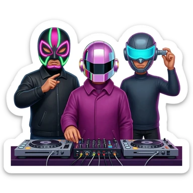 Trio dj with one having a led dj luchador mask and one with a dj mask like daft punk but pink and one with a cool dj mask sticker