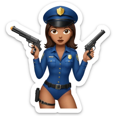 A sexy girl. with caramel skin. Dark brown hair and brown eyes. She has freckles. Wearing sexy makeup. Dressed as a sexy cop. wearing lingerie. Wearing heels. Holding a gun sticker