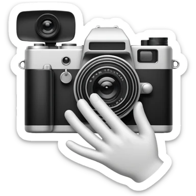 Minimalist emoji-style sticker of a photo camera ejecting a photo, but a hand comes out instead. Black and white, surreal icon. sticker