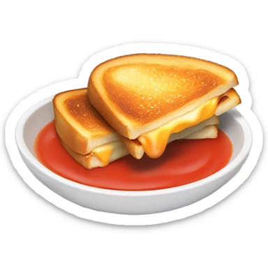 Crispy grilled cheese sandwich next to a bowl of tomato soup sticker