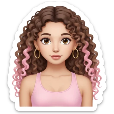 cute balayage brunette long hair curly/wavy haired girl, hoop earrings, clean girl makeup DOING pilates with a cute pastel pink set sticker