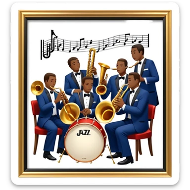 Icon for Jazz Music: The Jazz Messengers, featuring a dynamic composition with Art Blakey on drums and musicians playing saxophone, trumpet, and piano. Musical notes and a warm jazz club atmosphere emphasize the vibrant hard bop style. Transparent background. sticker