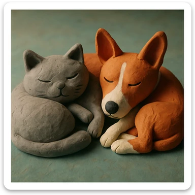A gray British Shorthair cat curled up and sleeping next to a red Basenji dog sticker