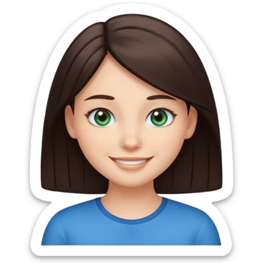 Create a girl with dark brown straight hair and bluey green eyes, cartoon emoji sticker
