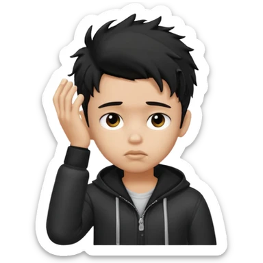a PRETTY BRATZ boy with black messy hair, one hand on head. looking sad sticker