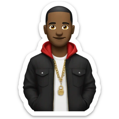 hip hop artist wearing a black jacket. the jacket has a red collar.  sticker