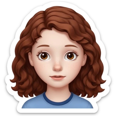 15 year old girl with pale skin, dark freckles, rosy cheeks, and wavy brown hair. sticker