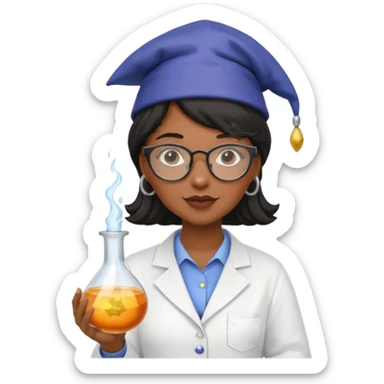 black woman scientist with glasses, wearing wizard hat custome, with glass vase sticker