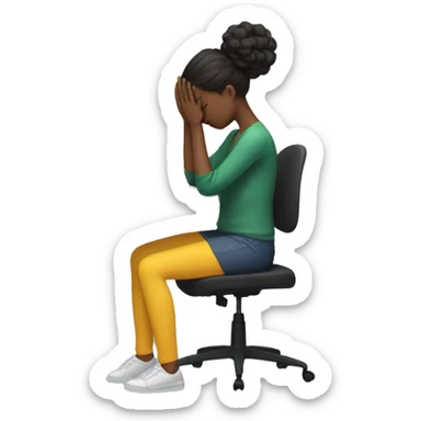 full body girl sitting at her desk with her hands on her head, she is visibly stressed with a computer in front of her. she is faceless sticker