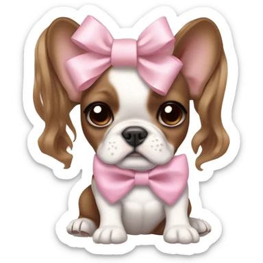 pale girl with medium brown wavy hair with bright hazel eyes and wearing a light pink hair bow holding a brown and white french bulldog puppy also wearing a hair bow sticker