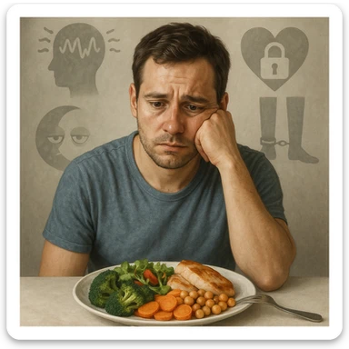 Realistic style illustration of a 30-year-old man sitting in front of a healthy plate, with a worried expression. Behind him, transparent and blurred symbolic elements: a stylized head with vibrating lines representing stress, a heart locked with a padlock representing emotions, a moon with tired eyes representing insomnia, and still legs with chains representing sedentariness. Realistic style with symbolic elements. sticker
