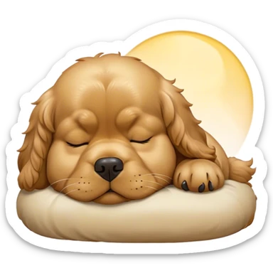 Cinematic Meme-Worthy Chubby Sleeping Gold Cocker Spaniel Portrait Emoji, Head resting peacefully with a contented smile, showcasing a delightfully chubby build and a luxuriously soft golden coat, eyes shut in a serene nap, Simplified yet hilariously adorable features, highly detailed, glowing with a soft, drowsy light, high shine, relaxed and utterly lovable, stylized with an air of playful laziness, bright and heartwarming, soft glowing outline, capturing the essence of a comically sleepy companion, so meme-worthy it feels like it could instantly become the next viral sensation of adorable slumber! sticker