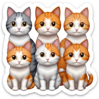 6 cats with different coloured coats, 2 are grey and white, 1 is grey with a little white, 1 calico, 1 brown tabby and white and one ginger and white sticker