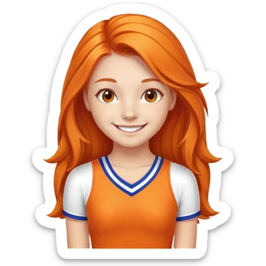 - Nữ
- 15 tuổi
- Da trắng
- Tóc dài, bờm cam
- Mặt cười mỉm
- Áo cổ vũ
 sticker