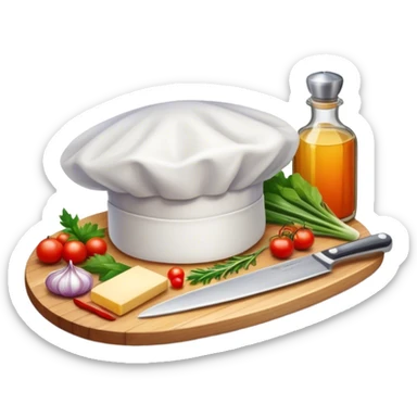 A photorealistic icon featuring a chef's hat, a cutting board with fresh ingredients, a knife, and a plate with a well-plated dish. Bright, detailed design with realistic textures and lighting. Transparent background, clearly symbolizing cooking and culinary arts. sticker