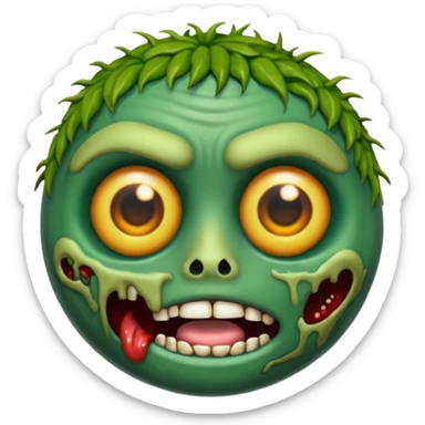 emoji de zumbi realista estilo 3D, pele verde podre, cicatrizes, olhos brilhando, expressão assustadora, fundo transparente sticker