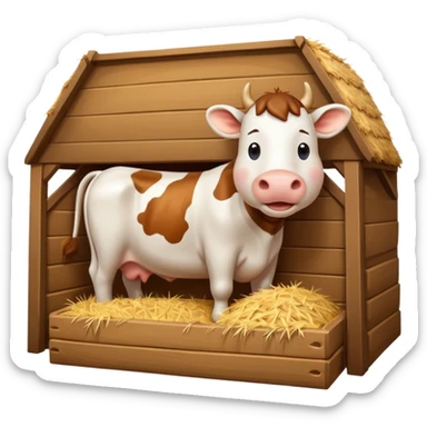 cute cow feeding scene inside a cow barn, wooden stable, hay bales, feeding trough, happy cow eating hay, warm farm lighting, 3D cartoon, mobile game icon style, clean background, no text, no watermark
 sticker