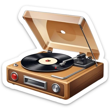 Icon for Vinyl Record Collecting: a stack of vintage vinyl records, with a turntable needle on one record, and a retro record player nearby. The icon should convey the nostalgia and passion for collecting vinyl records. Transparent background. sticker