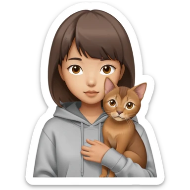 a asian girl with short brown hair and bangs holding an Abyssinian cat， wearing grey hoodie sticker