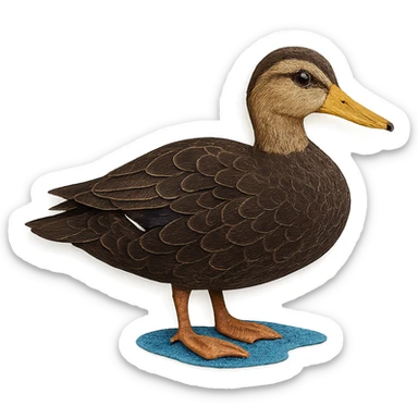 very detailed American Black Duck in paper craft style, intricate cut paper textures, dark brown feathers, lighter face, realistic markings, standing near water sticker