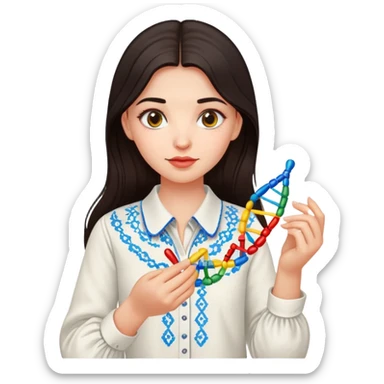 Ukrainian girl with dark hair in an embroidered traditional shirt holds a DNA molecule in her hand sticker