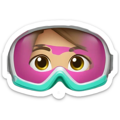 woman large brown and straight hair, pink diving mask with a single crystal, green anda blue eyes, scubadiving gear sticker